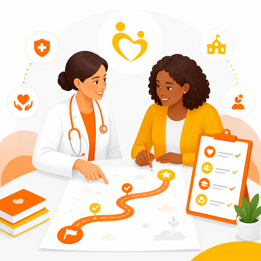 Illustration showing medical and school collaboration steps for IEP/504 planning.