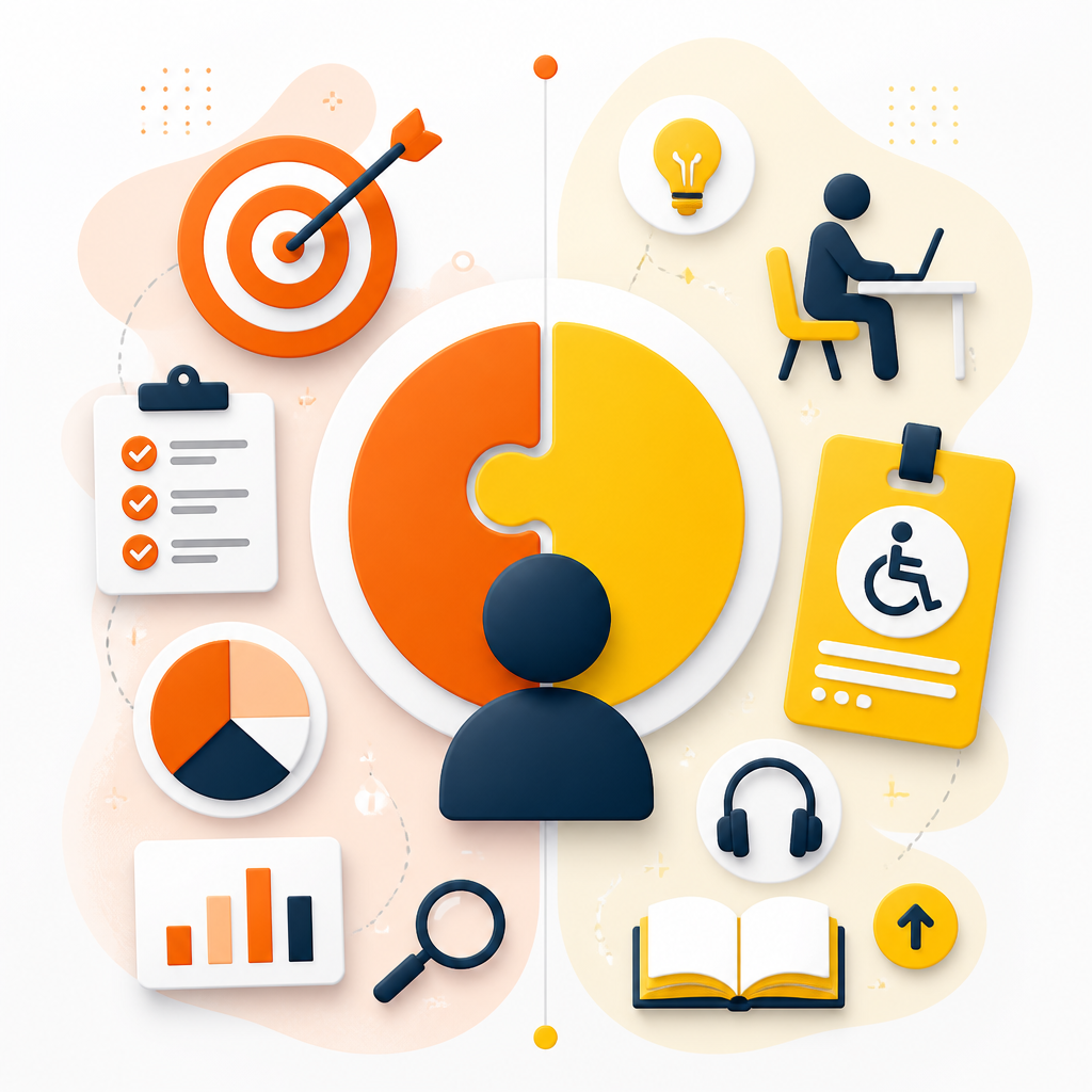Illustration comparing IEP and 504 planning concepts with modern supportive icons.