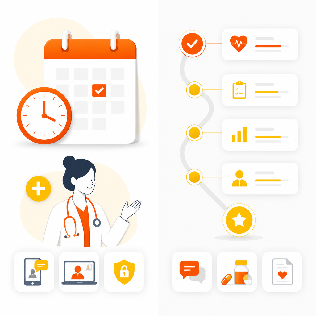 Illustration showing same-day pediatric care and ongoing management with calendar and care timeline icons.