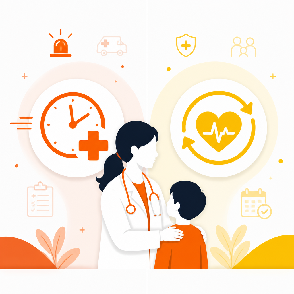 Illustration comparing acute and chronic pediatric care with a friendly clinician and medical icons in a modern style.