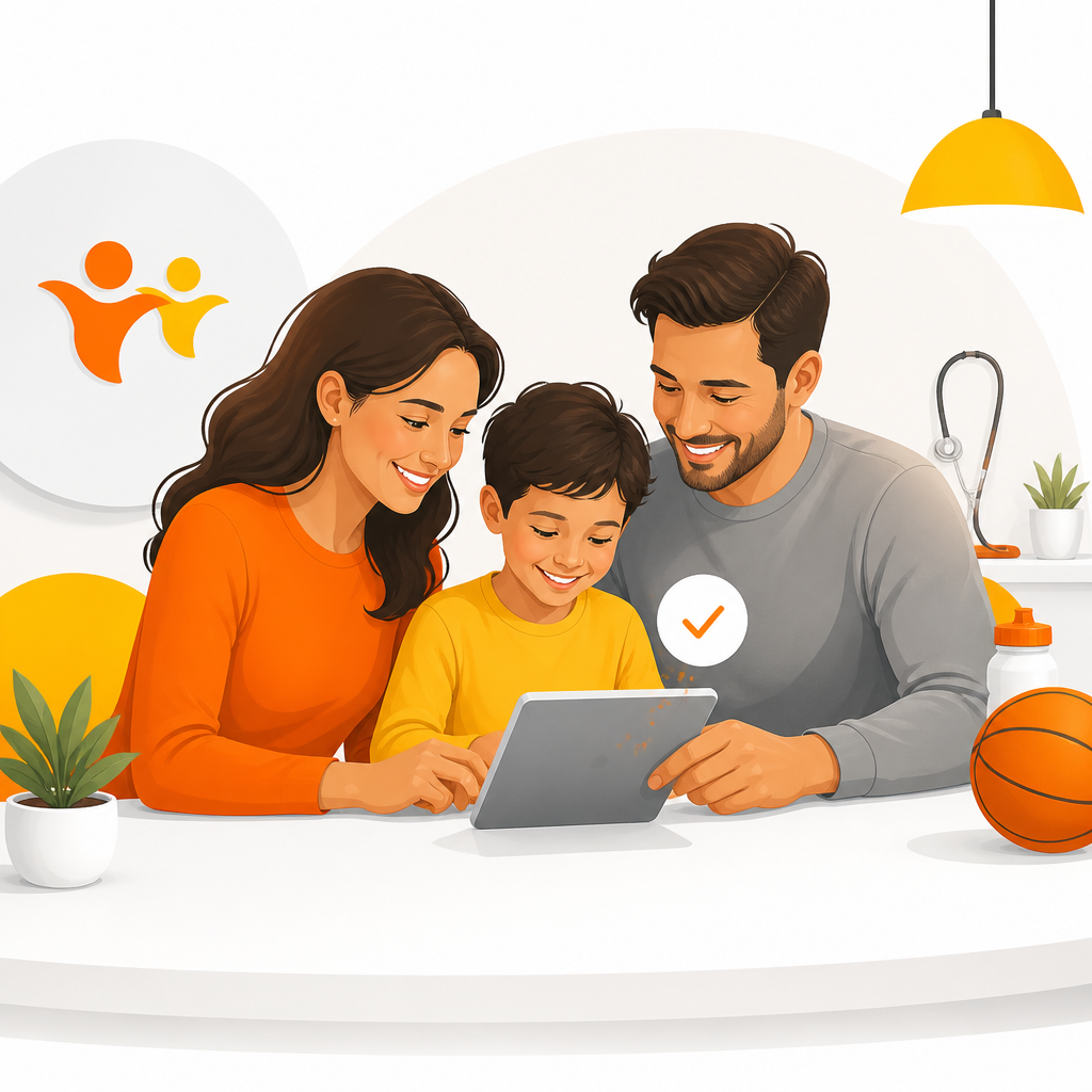 Illustration showing a busy family requesting a school or sports physical online at a pediatric clinic.