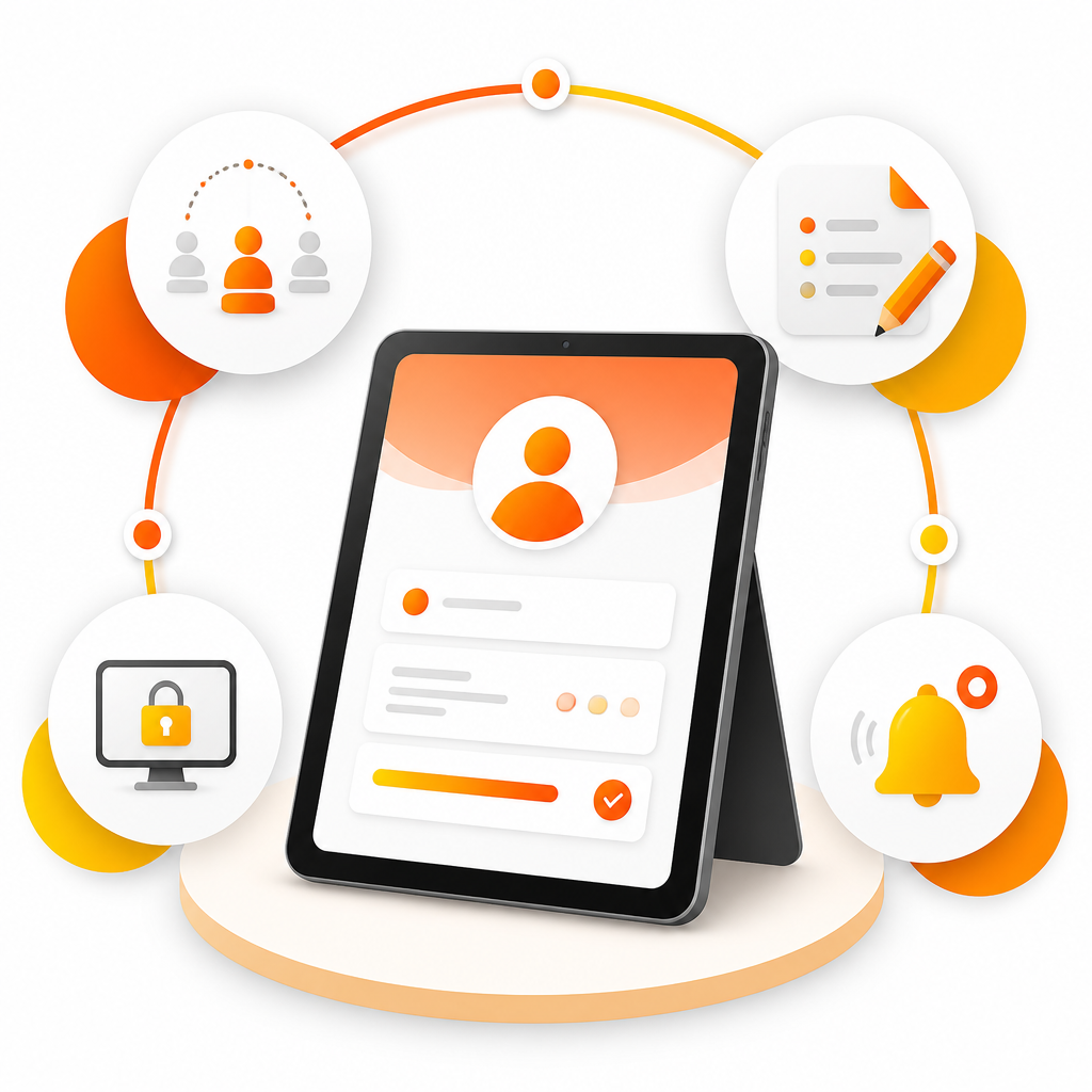 Illustration of a parent submitting an online school or sports physical request in a simple digital form.