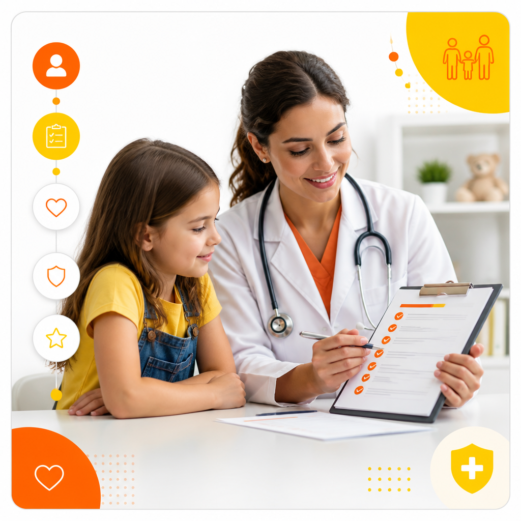 Illustration of a pediatric provider reviewing a child's physical checklist and documentation.