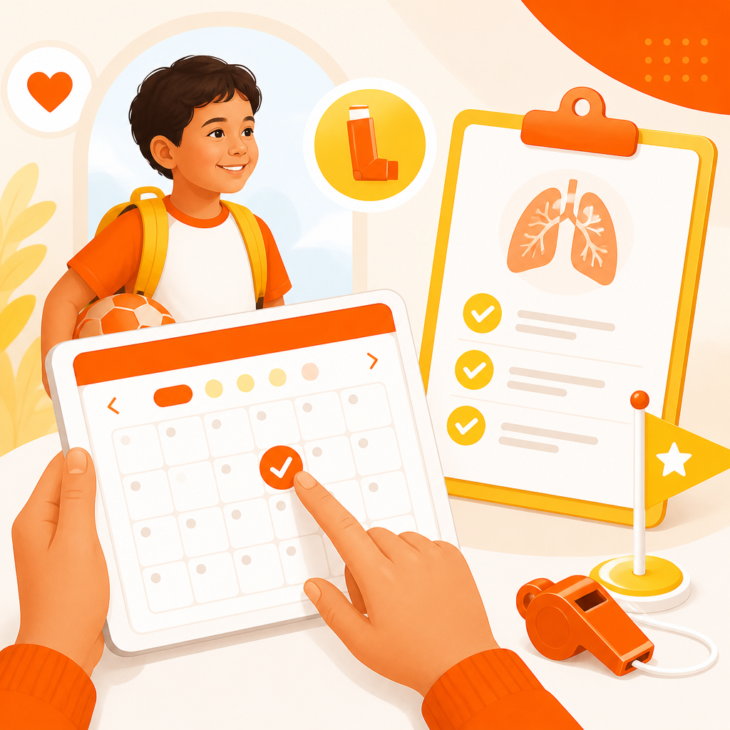 Illustration representing scheduling a school or sports physical for a child with asthma and allergies.
