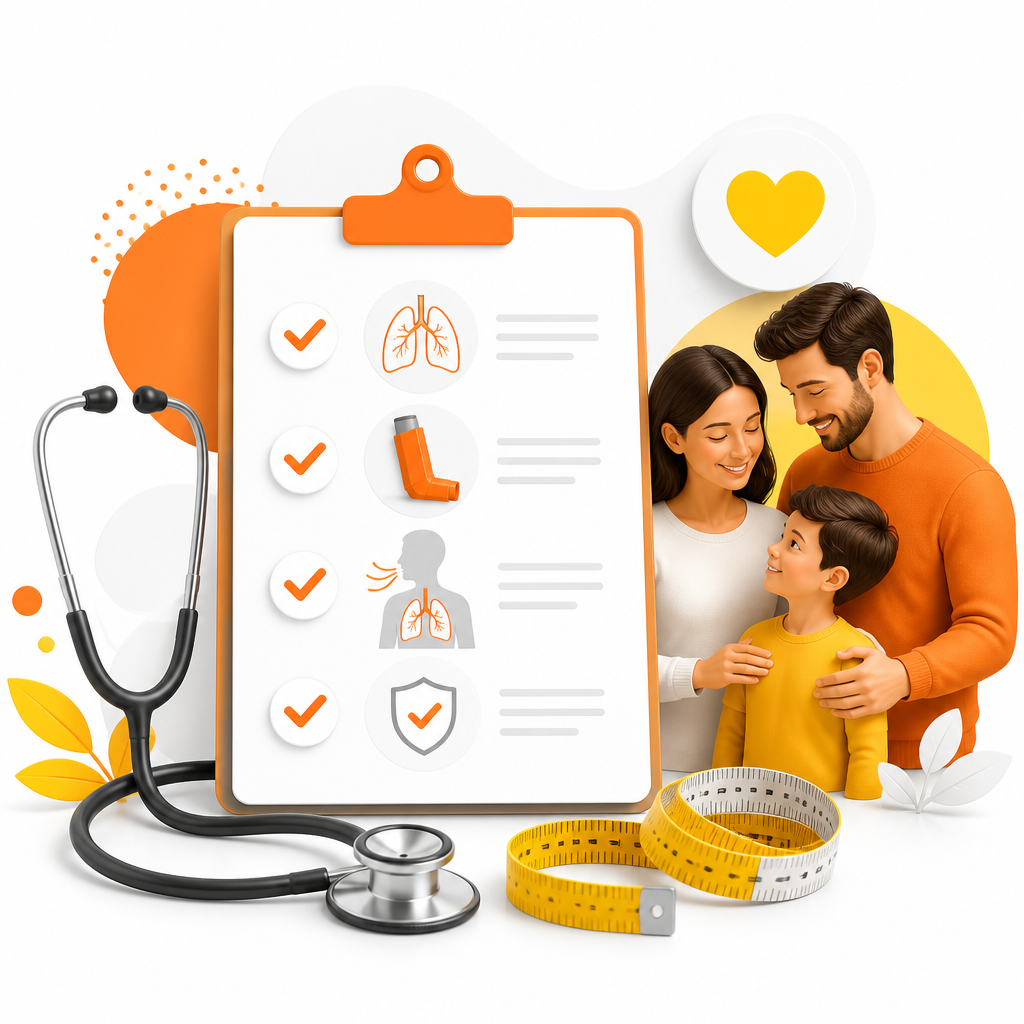 Illustration of what a pediatric school and sports physical includes, with asthma/allergy-focused checklist elements.