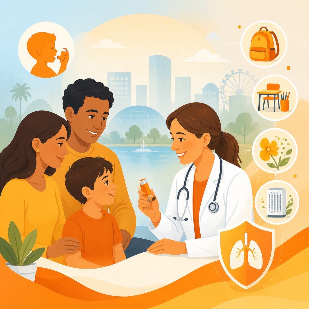 Illustration representing Powers Pediatrics providing asthma-aware school and sports physical care for families in Orlando.