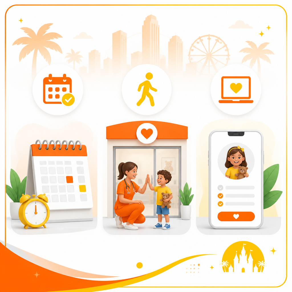 Illustration representing convenient scheduling options for pediatric school and sports physicals.