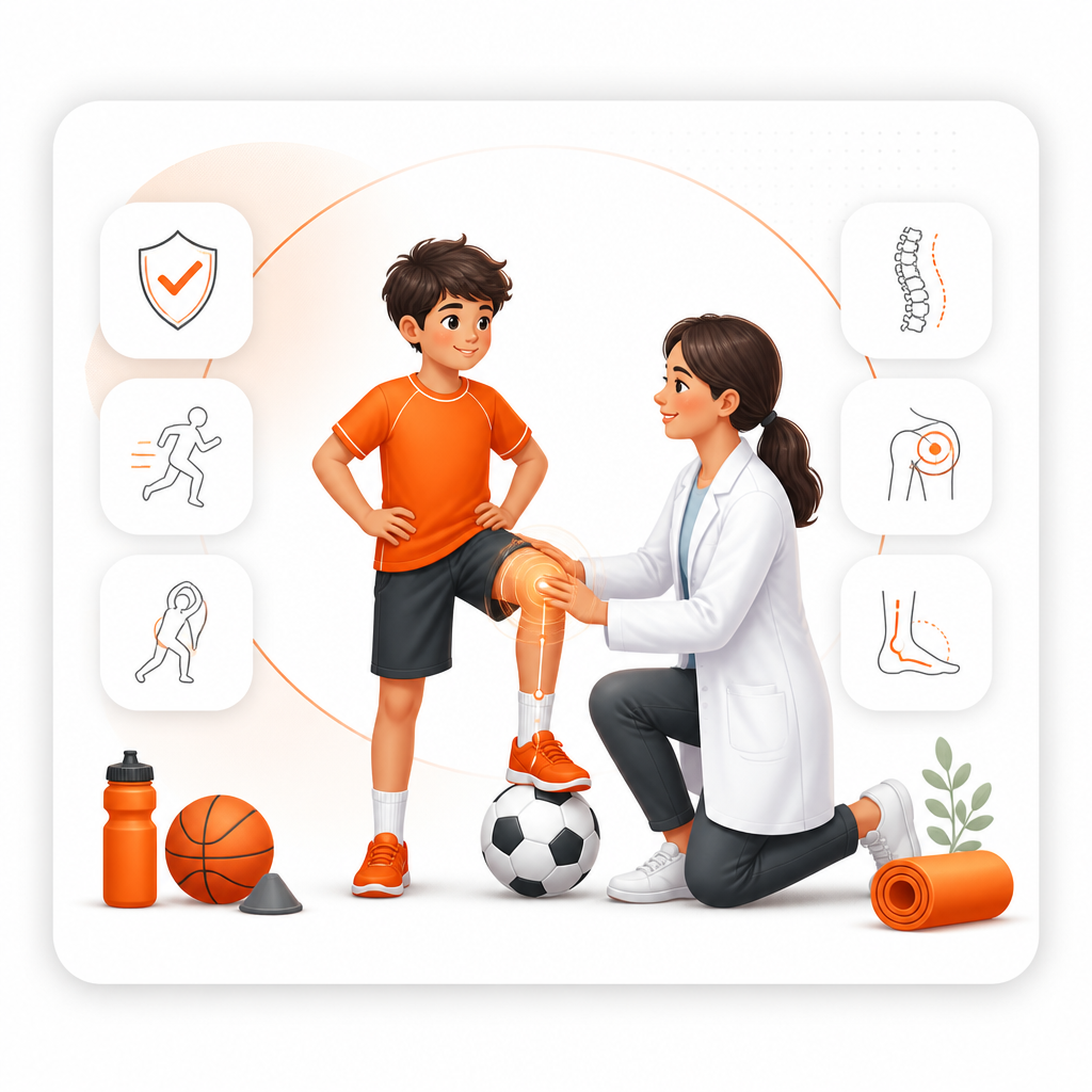 Illustration representing sports physical safety and musculoskeletal evaluation for kids.