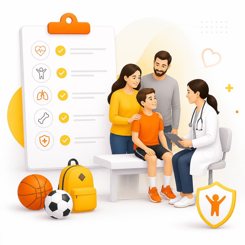 Illustration representing a family-centered school and sports physical checklist and exam process.