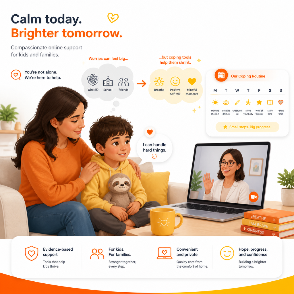 Illustration of a caregiver and child in a calm home setting during a virtual pediatric visit focused on anxiety and coping routines.