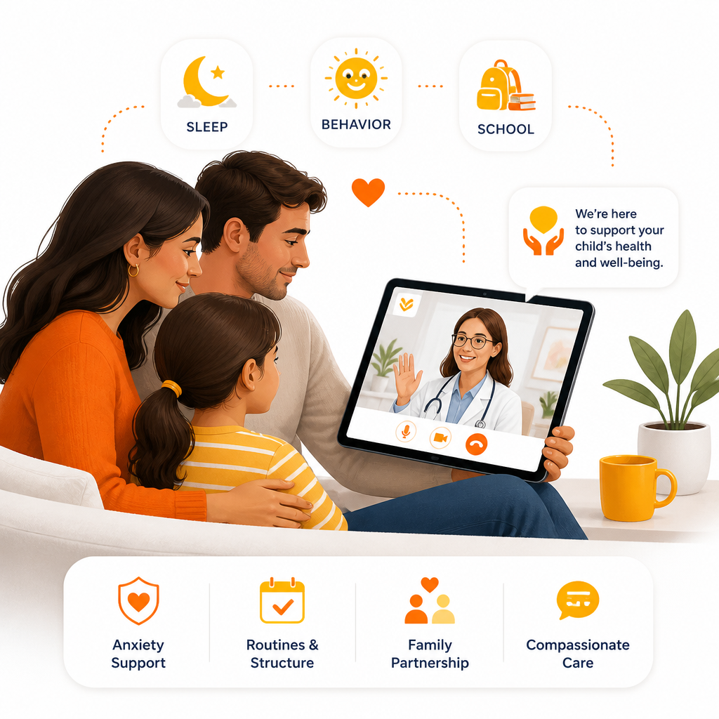 Illustration of a virtual pediatric visit from home with a caregiver and child on a tablet, using warm orange and gold accents.