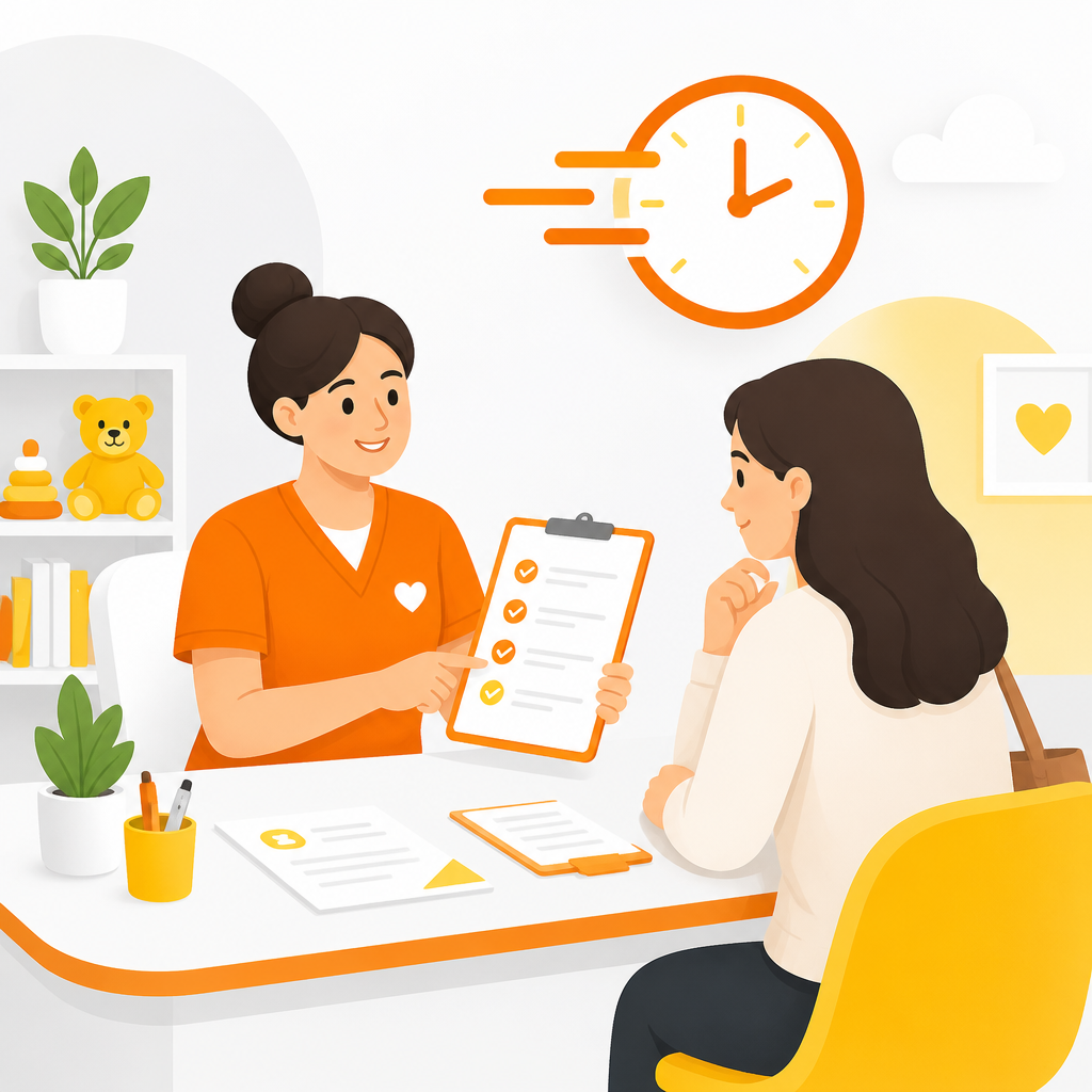 Illustration of a pediatric team helping a parent understand the same-day physical process.