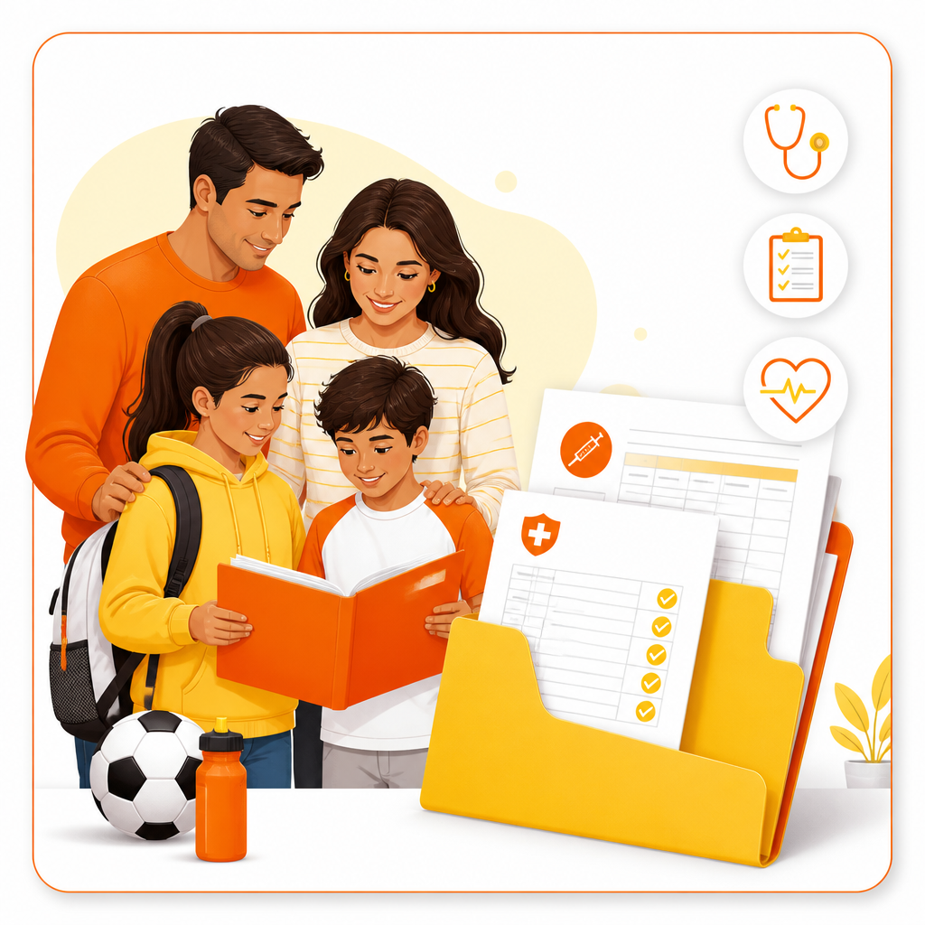 Illustration of a family gathering forms, immunization record, and a checklist for a physical visit.