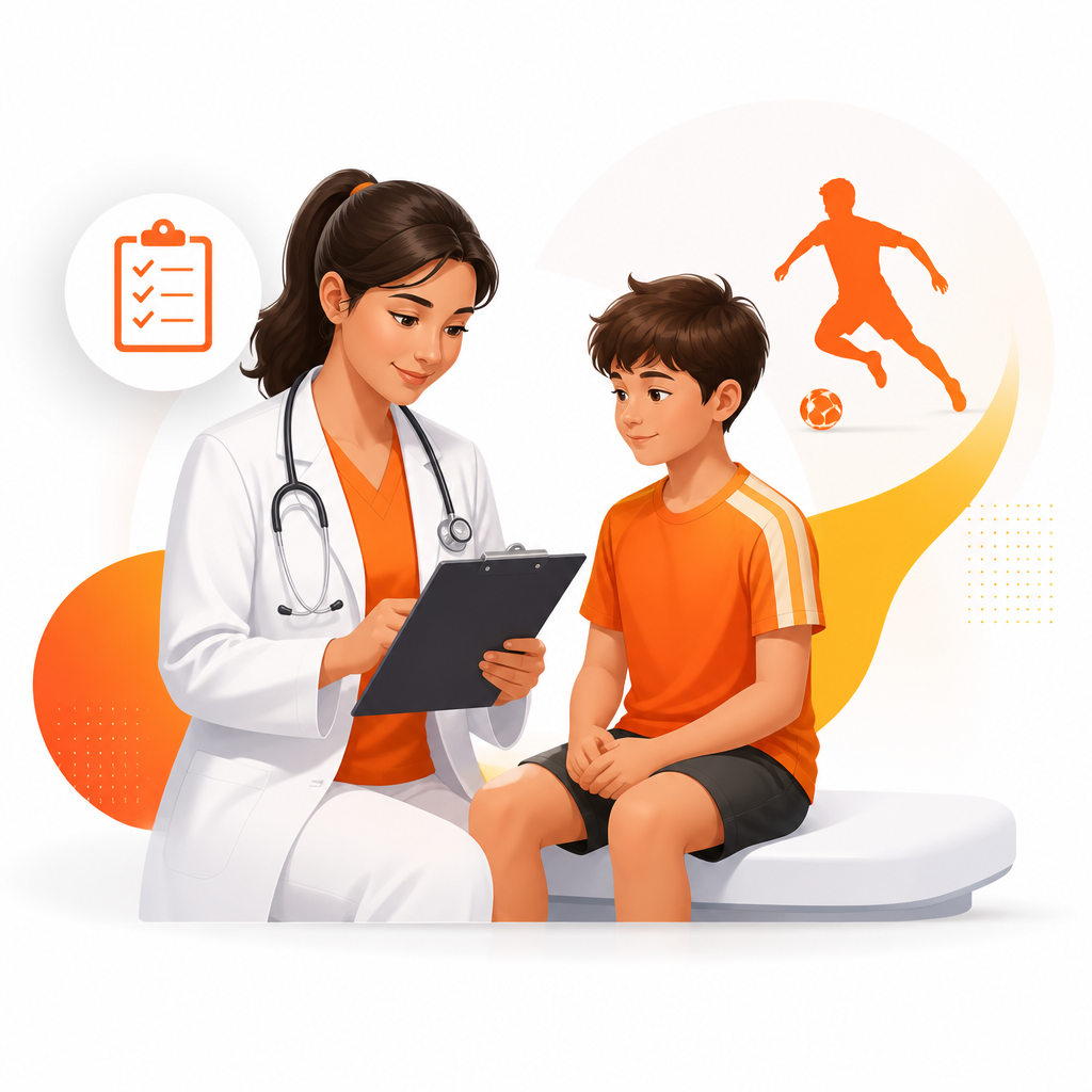 Illustration of a pediatric clinician reviewing participation clearance basics for school and sports physicals.