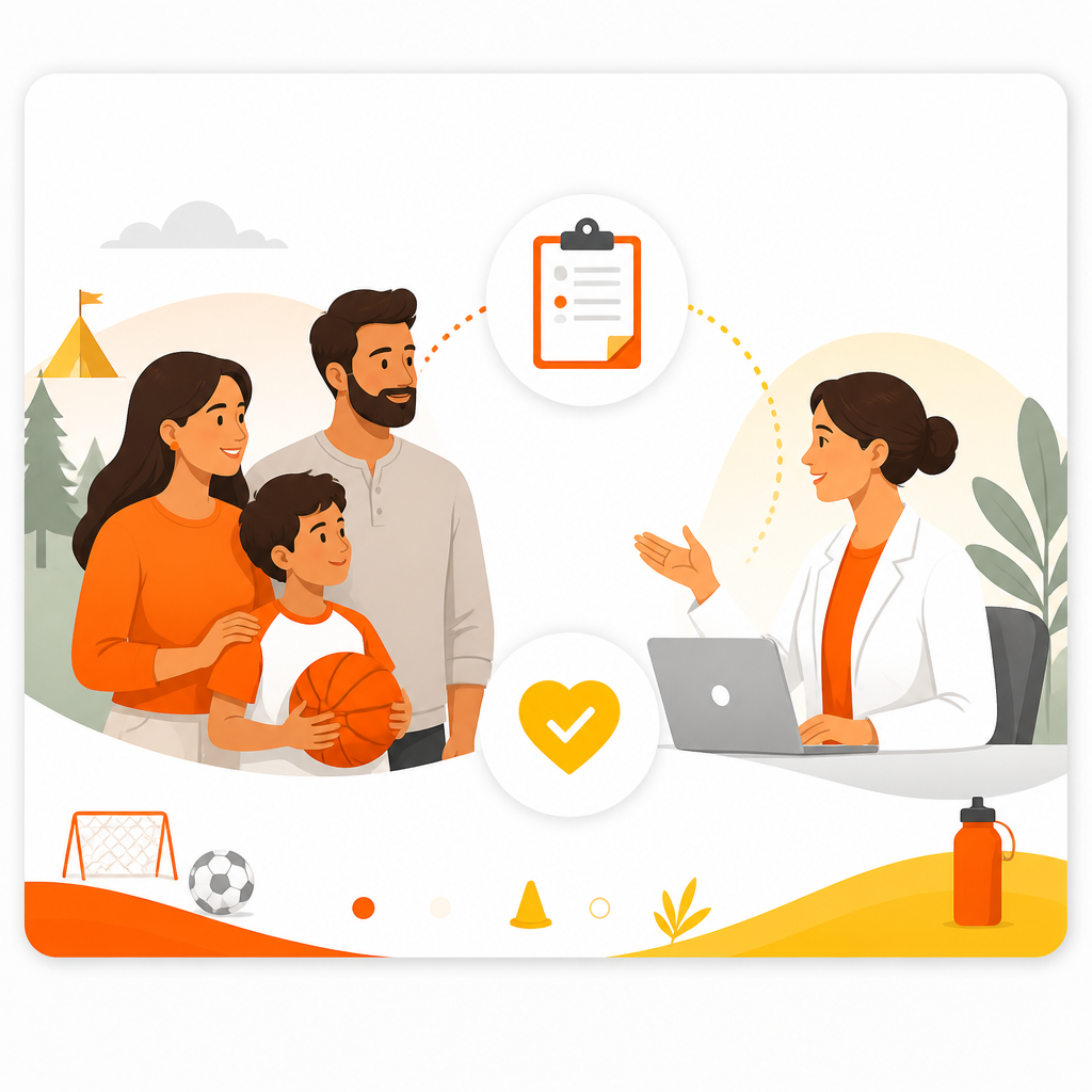 Illustration representing pediatric clinic referral for participation clearance forms and health evaluation.