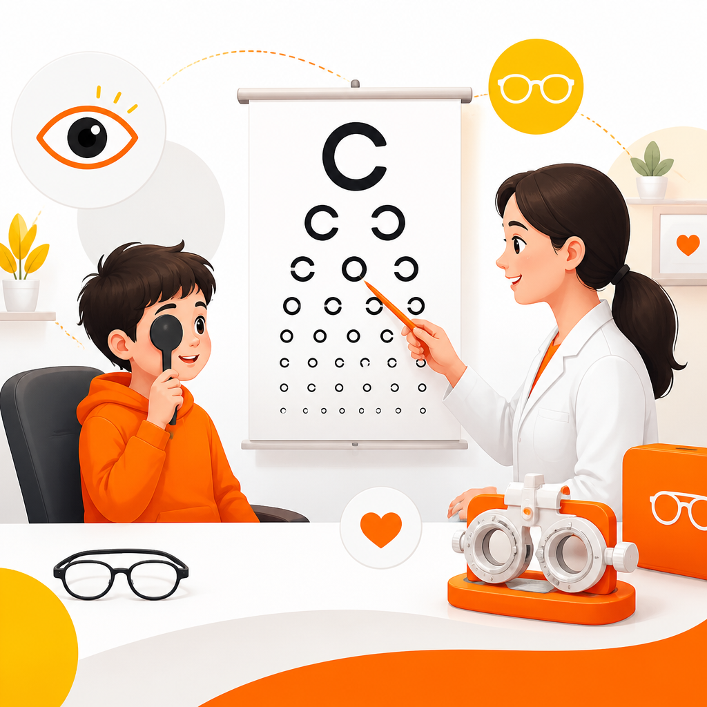 Child receiving a vision screening with a clinician, representing visual impairment support for school and sports readiness.