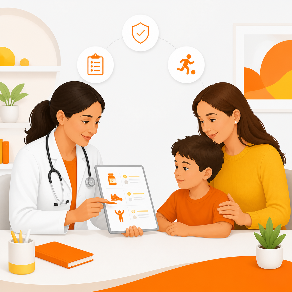 Pediatric clinician reviewing a child’s chronic condition plan with a parent for school and sports physicals.