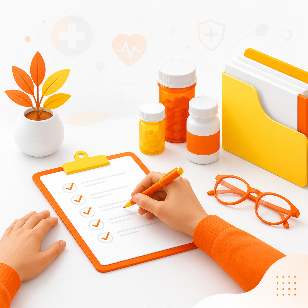Checklist-style illustration showing medication list, forms, and eyewear documentation for a school and sports physical.