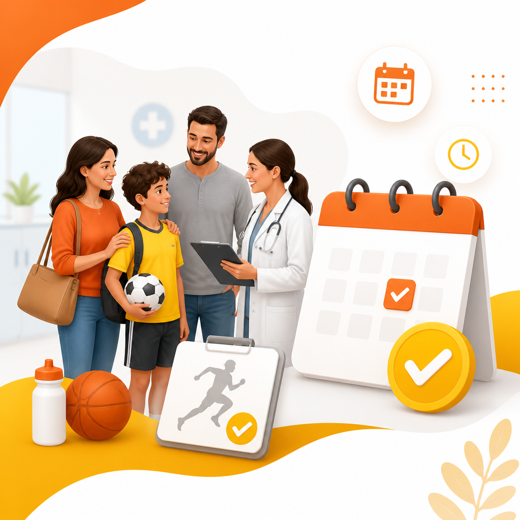 Illustration representing early scheduling to reduce last-minute stress for school and sports physicals.