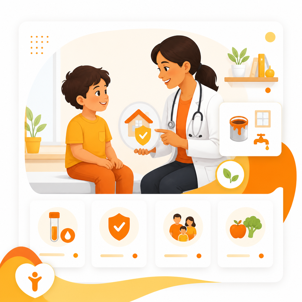 Illustration representing lead prevention support during a pediatric health visit.