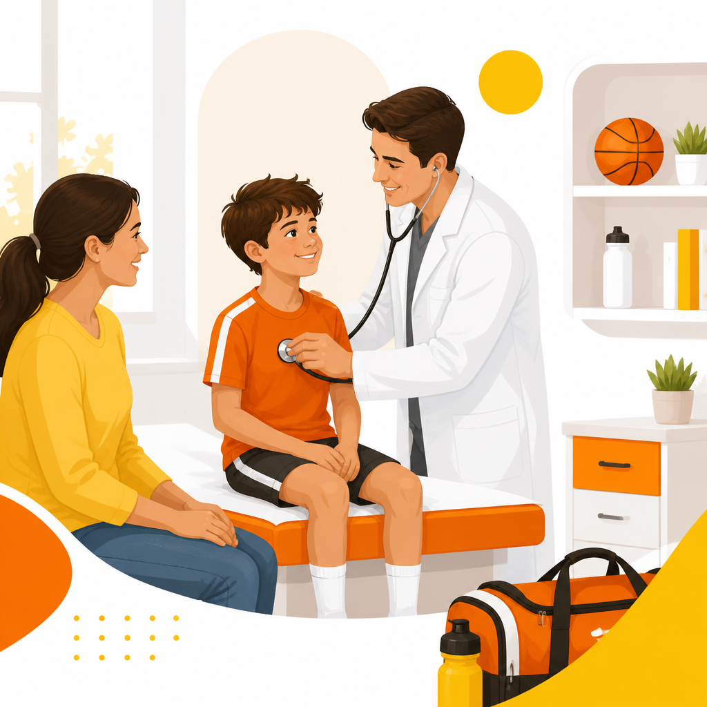 Illustration of a pediatric pre-participation sports physical exam visit in a bright clinic.