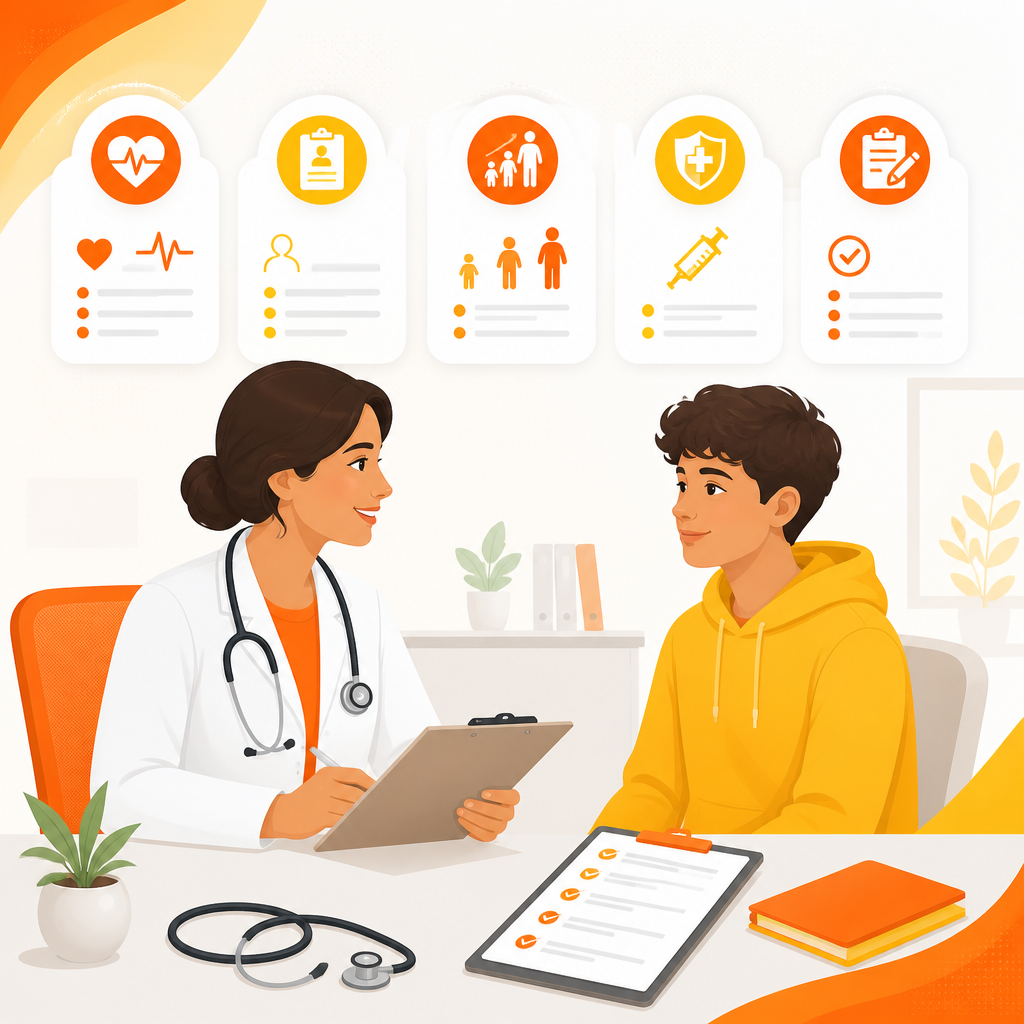 Illustration showing what is included in a school and sports physical exam, including vitals, review, and documentation.