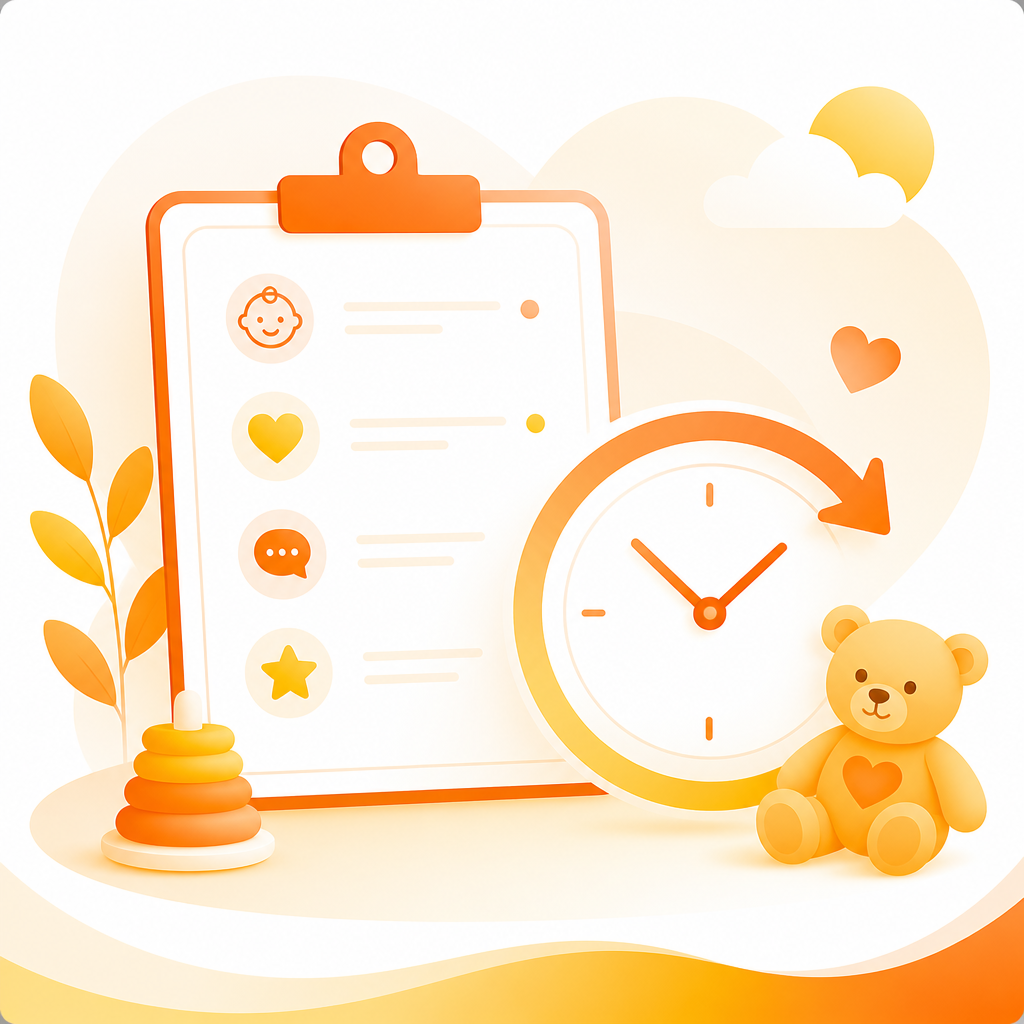 Illustration suggesting when to seek pediatric developmental guidance with a checklist and a calm timeline cue.