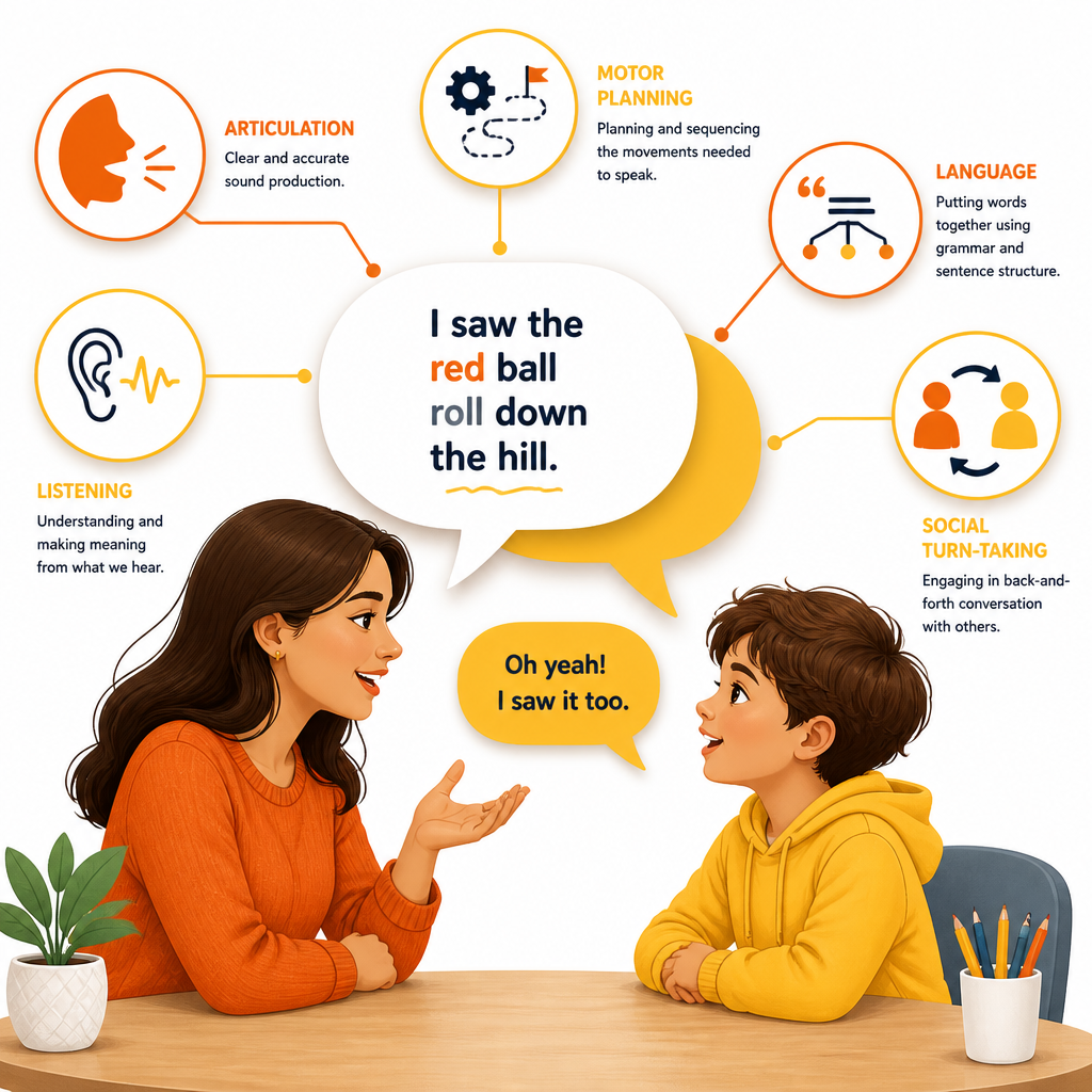 Illustration of possible reasons a child’s speech is hard to understand, including sound, planning, language, hearing, and social communication.
