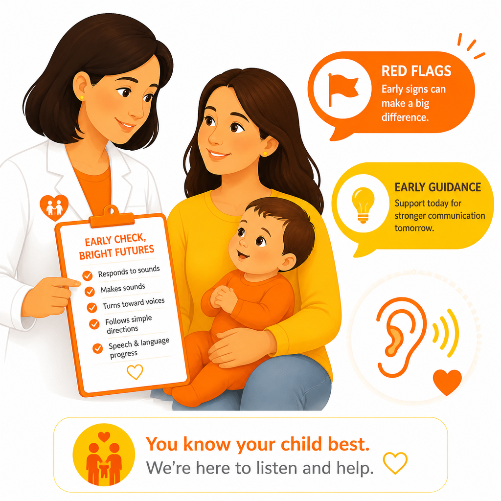 Illustration representing pediatric red flags for speech clarity, stuttering, social communication, and hearing signs.