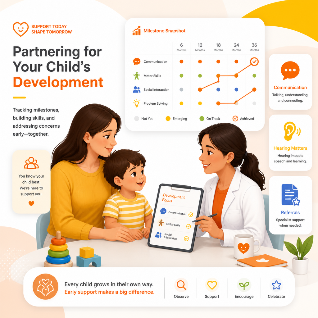 Illustration representing a developmental guidance visit for speech clarity and social communication, including screening, guidance, and referrals.