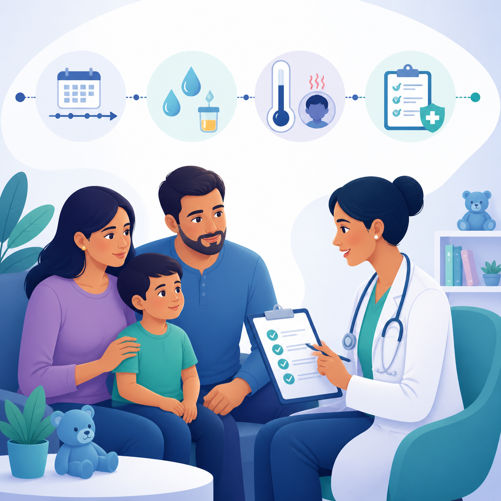 Illustration representing pediatric assessment and diagnosis steps for stomach and digestive symptoms.