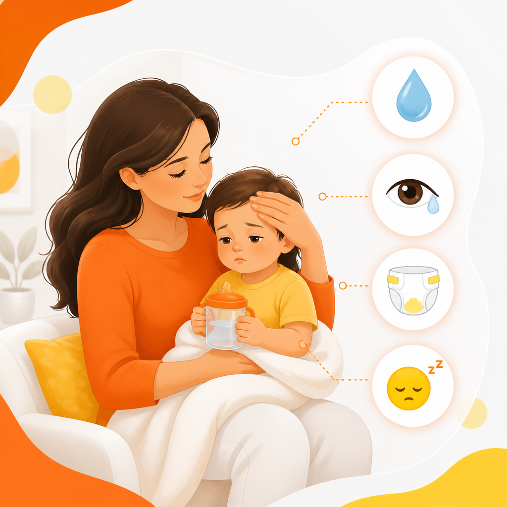 Illustration representing dehydration signs in children and supportive guidance.