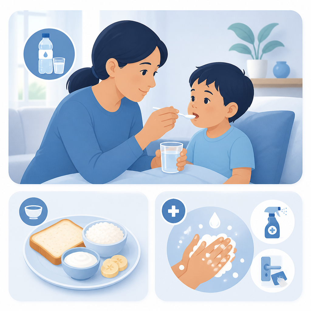 Illustration of at-home supportive care for a child with a stomach bug.
