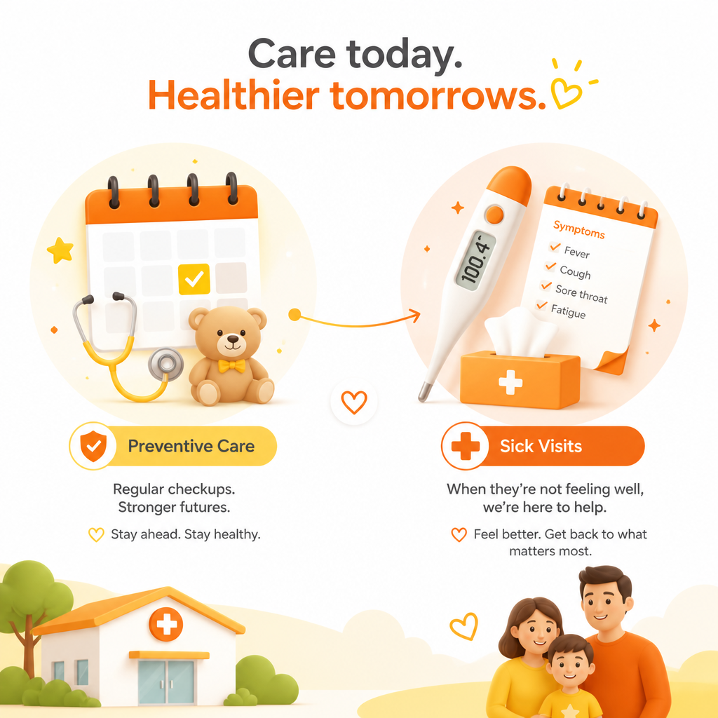 Illustration showing preventive checkups and sick-visit support for children’s general health.