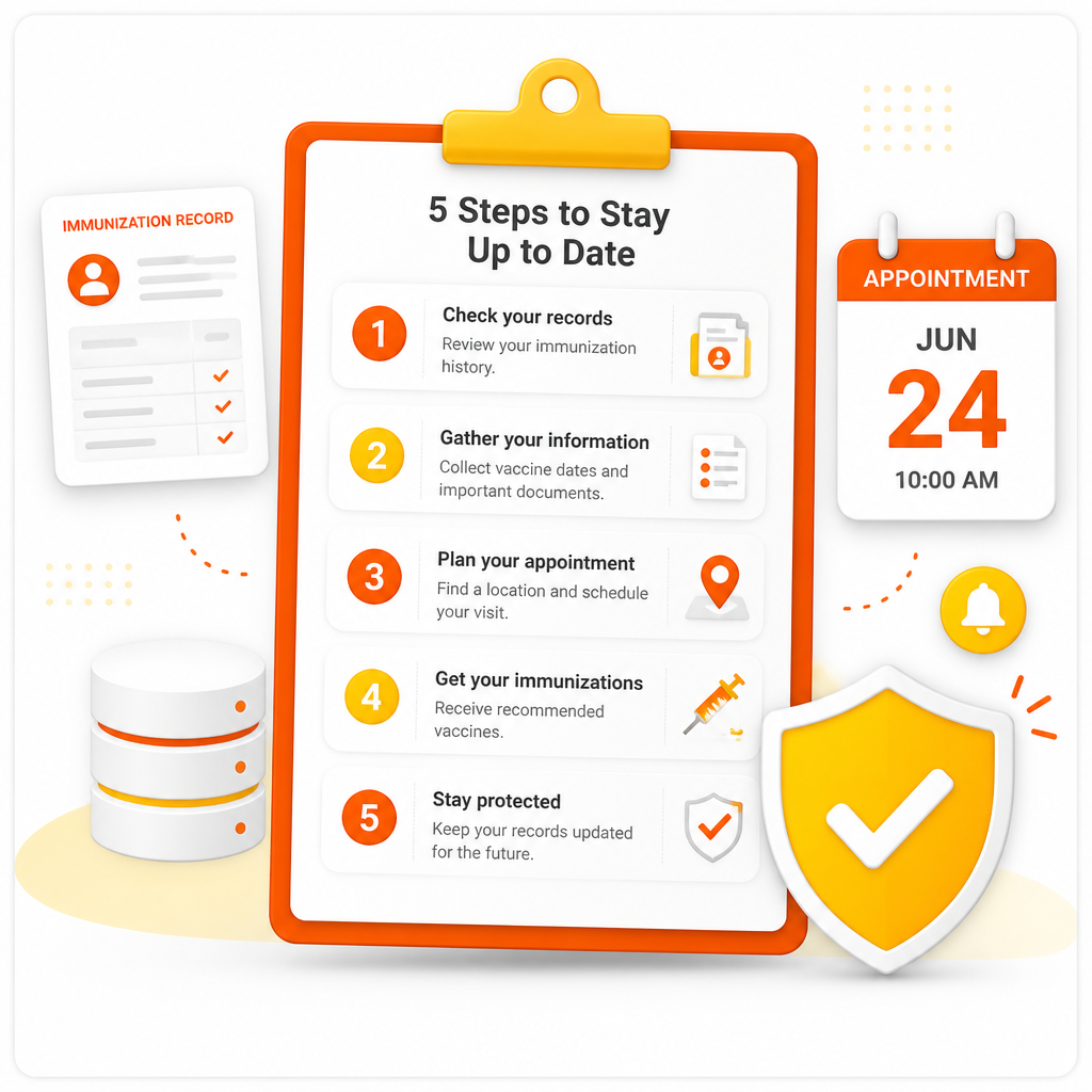 Illustration of a step-by-step pediatrician change checklist with records, scheduling, and immunization planning.