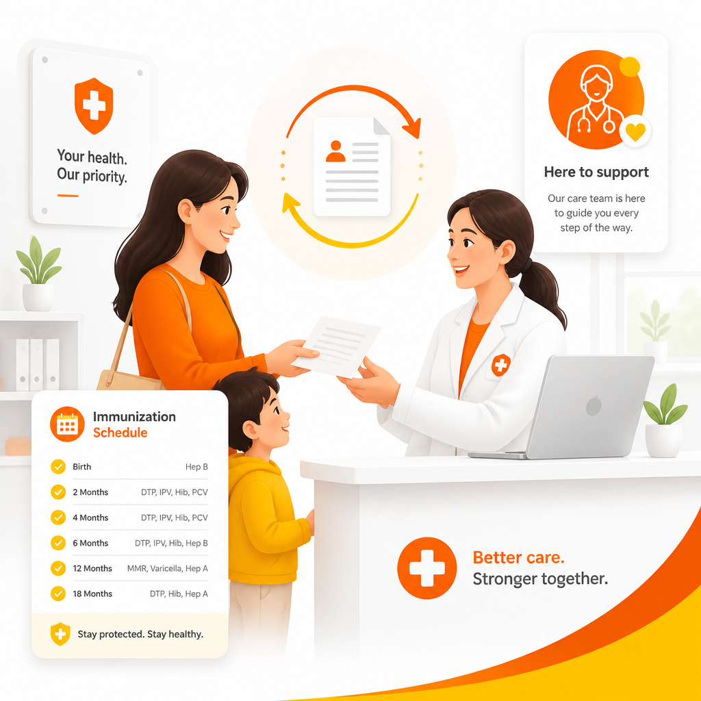 Illustration representing switching pediatricians with transferred medical records and immunization planning.