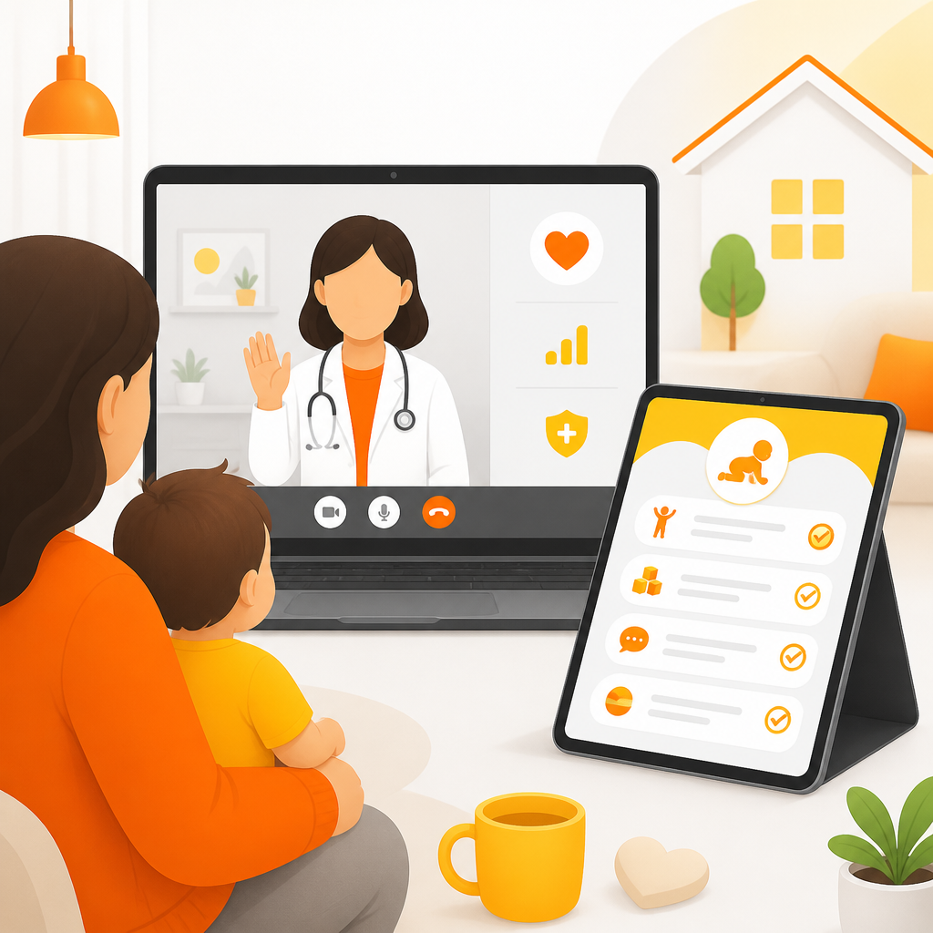Illustration of telemedicine planning for pediatric developmental concerns with a milestone roadmap concept.
