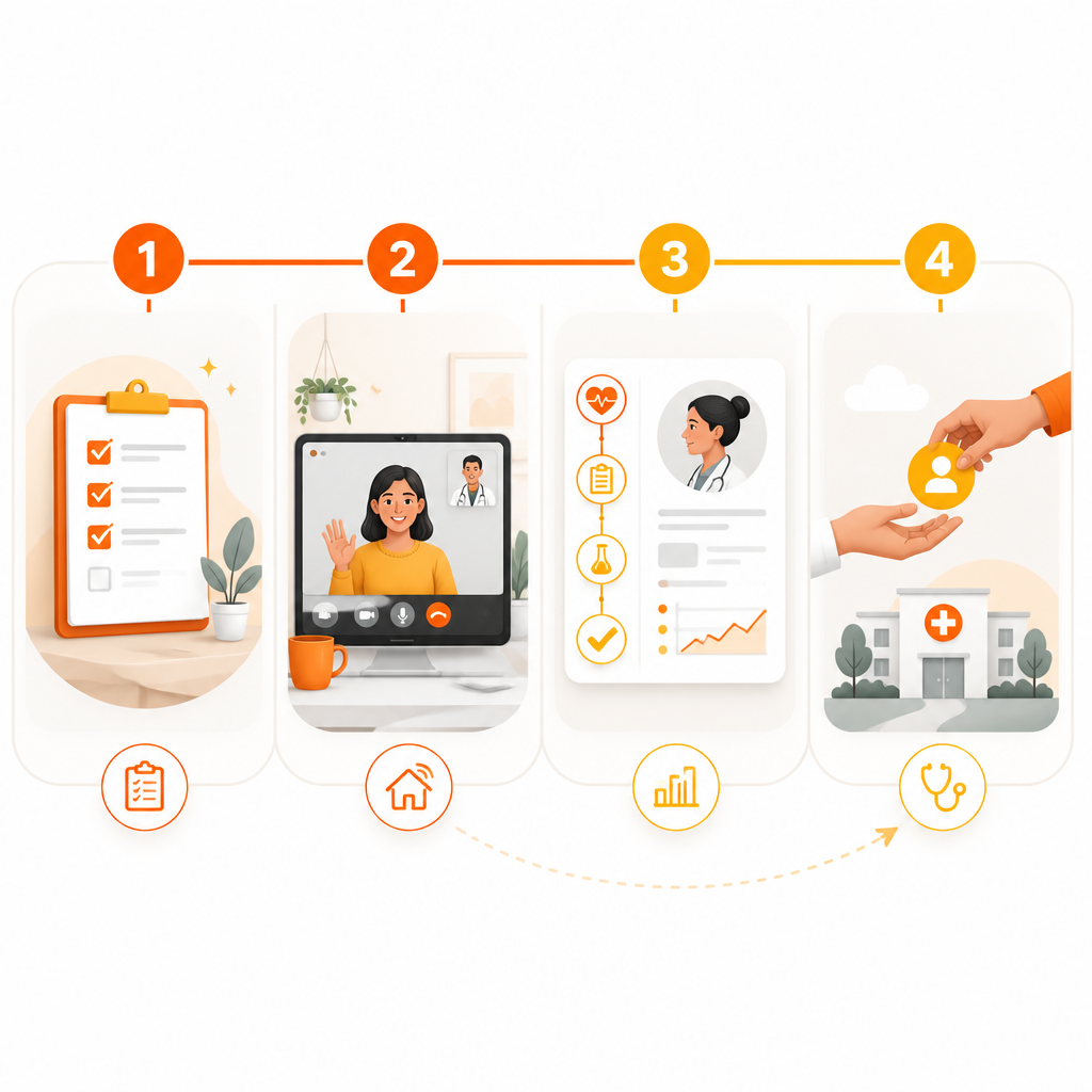 Illustration showing the four-step process of a pediatric telemedicine visit from preparation to care coordination.