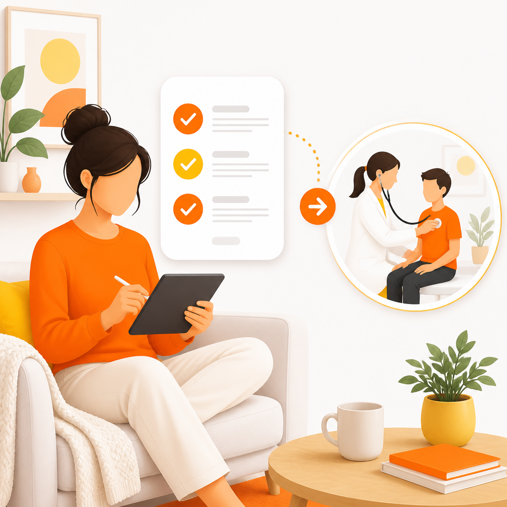 Illustration showing telemedicine helping families prep for an in-person physical.