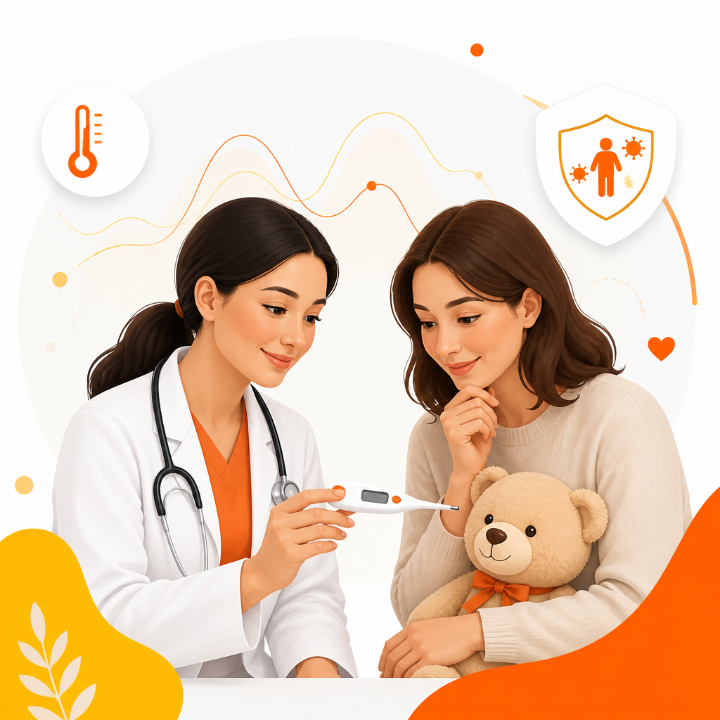 Illustration showing fever vs. infection explained with a thermometer and a pediatric clinician.