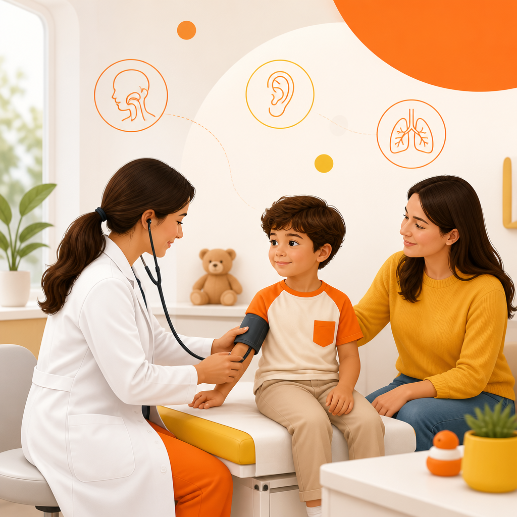 Illustration representing what to expect during a pediatric fever visit with exam and follow-up.