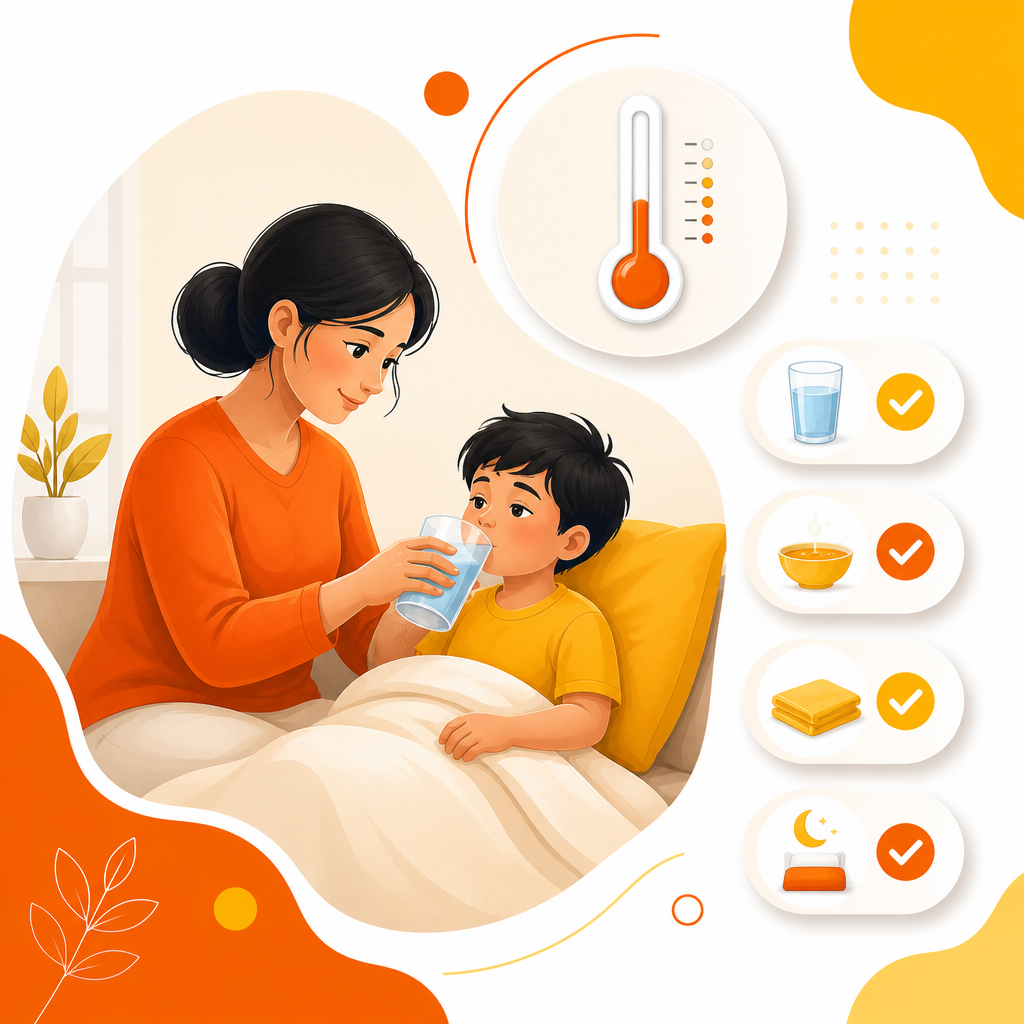 Illustration of at-home fever care steps such as hydration and monitoring.
