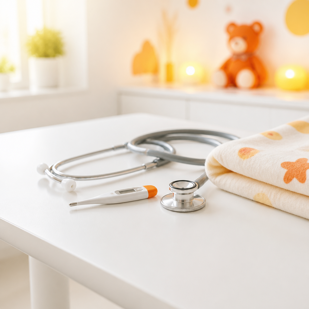 A stethoscope and thermometer arranged neatly on a clean pediatric exam surface with warm orange and golden clinic lighting.