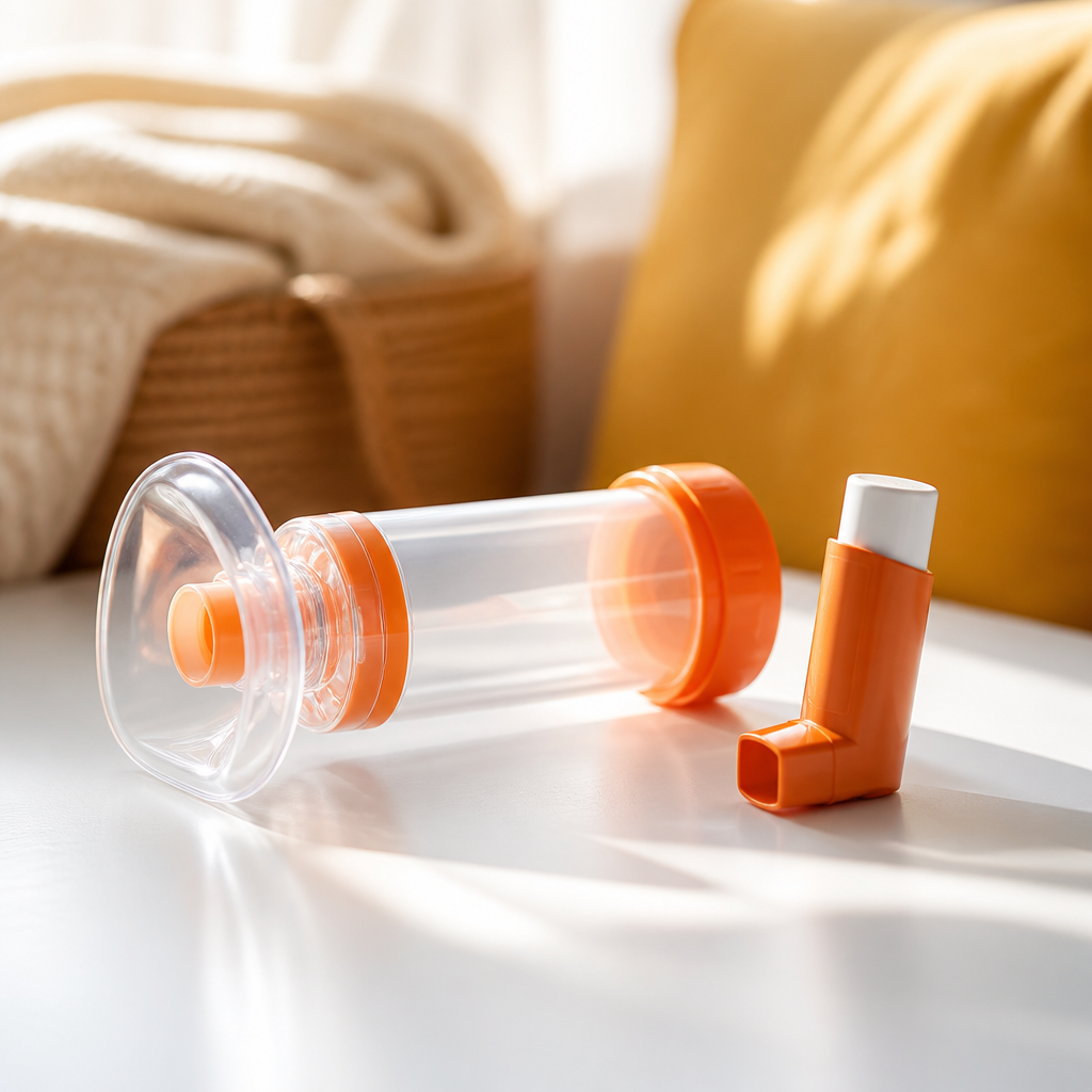 A neatly arranged inhaler and spacer on a clean neutral surface with warm orange and golden highlights suggesting ongoing asthma management.