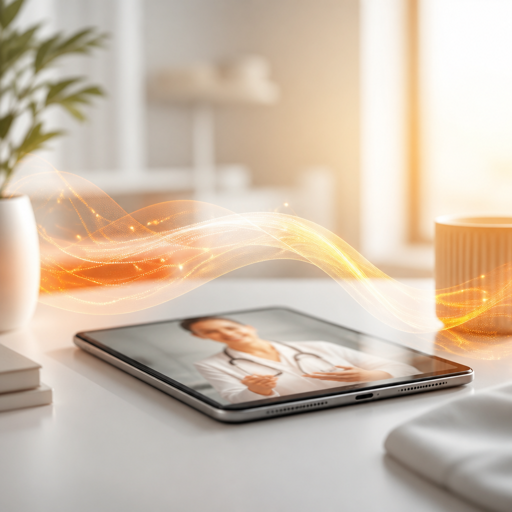 A tablet with an abstract communication glow on a desk, using warm orange and golden accents to represent telemedicine access.