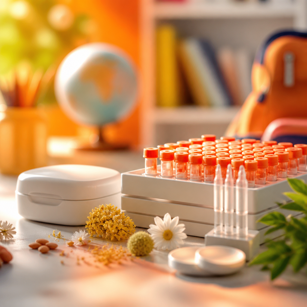 A clean close-up scene of allergy testing tools arranged neatly with warm orange and gold lighting accents, without any readable labels.