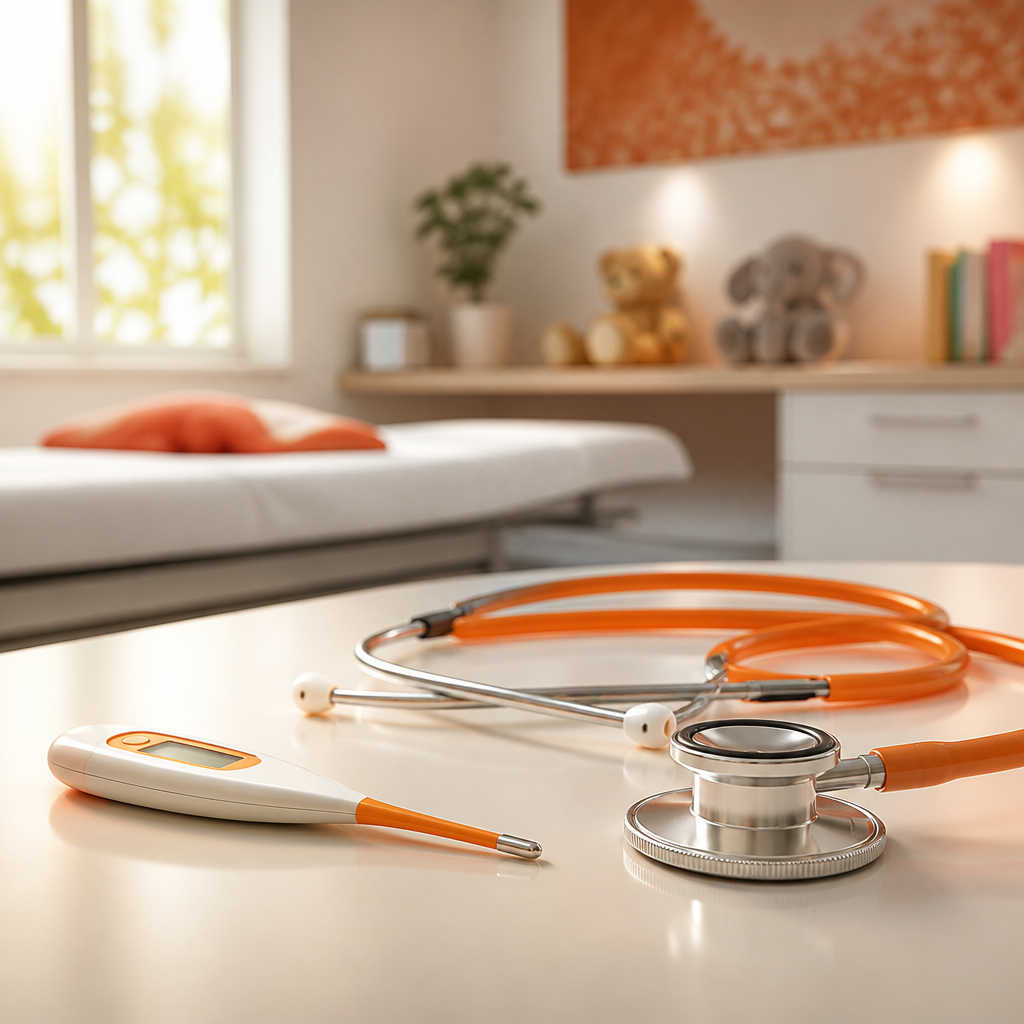 A modern clinical tabletop scene with a stethoscope and thermometer positioned neatly in soft warm light, styled with subtle orange accents.