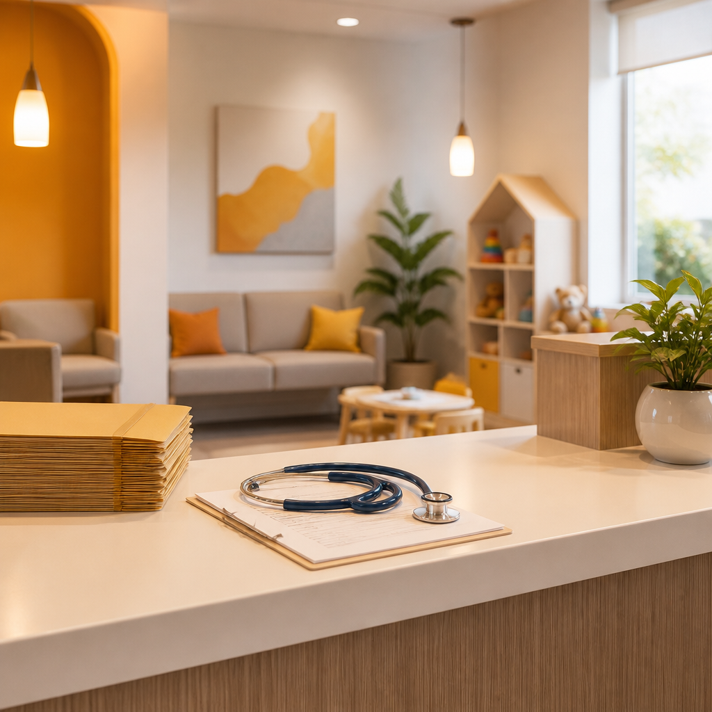 A warmly lit clinic interior with organized patient paperwork and a stethoscope on a desk, styled with subtle orange and gold accents and no readable text.