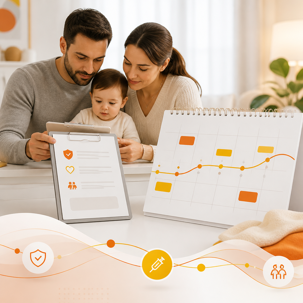 A medical clipboard resting beside a highlighted calendar timeline in warm orange and gold tones, representing updated vaccine guidance without readable text.