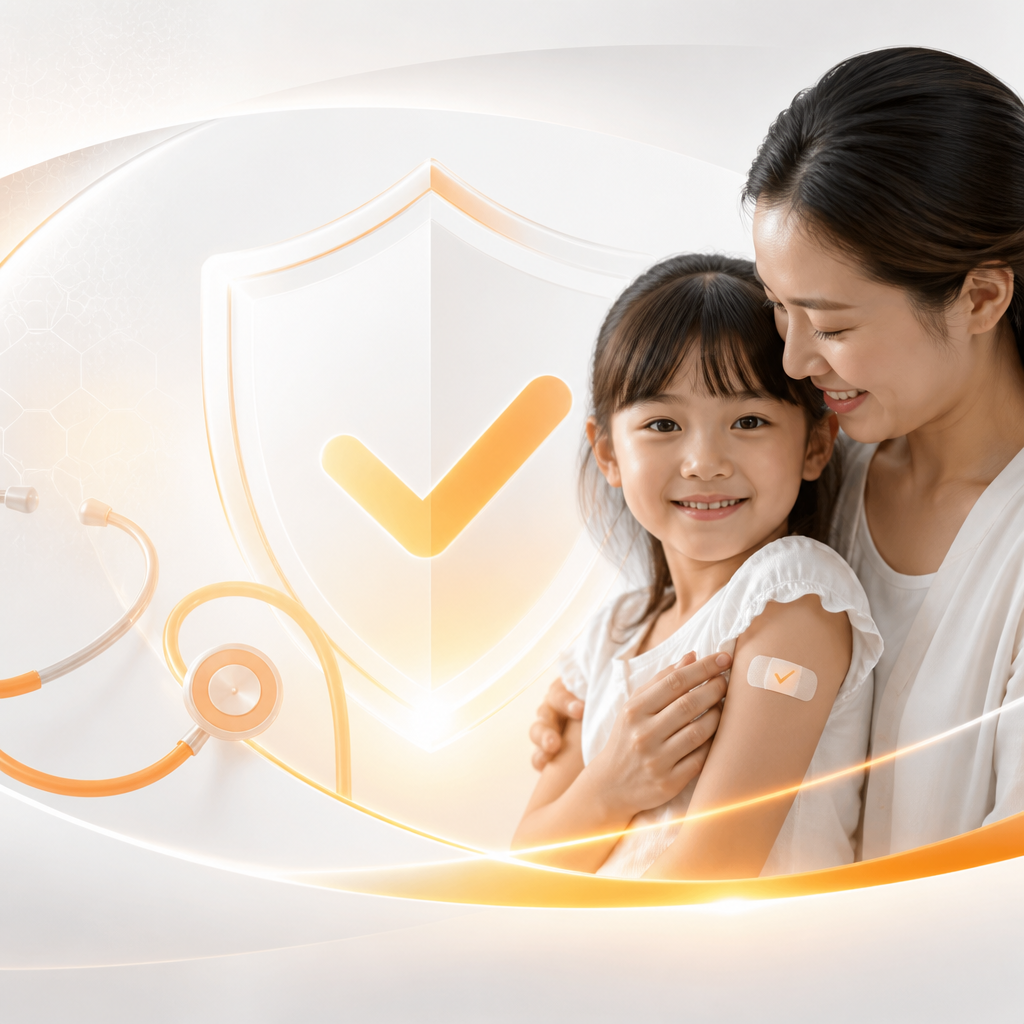 An abstract protective safety composition with medical icon shapes and warm orange accents, conveying evidence-based vaccine monitoring without readable text.